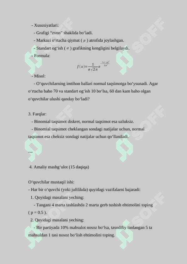 Binomial va normal taqsimot haqida tushuncha ( Dars ishlanmasi ) 4