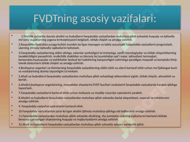 Favqulodda vaziyatlar ularni oldini olish va harakat qilish Davlat tizimi. Uning asosiy vazifalari. Favqulodda vaziyatlarda Davlat tizimining axborot boshqaruvi. 8