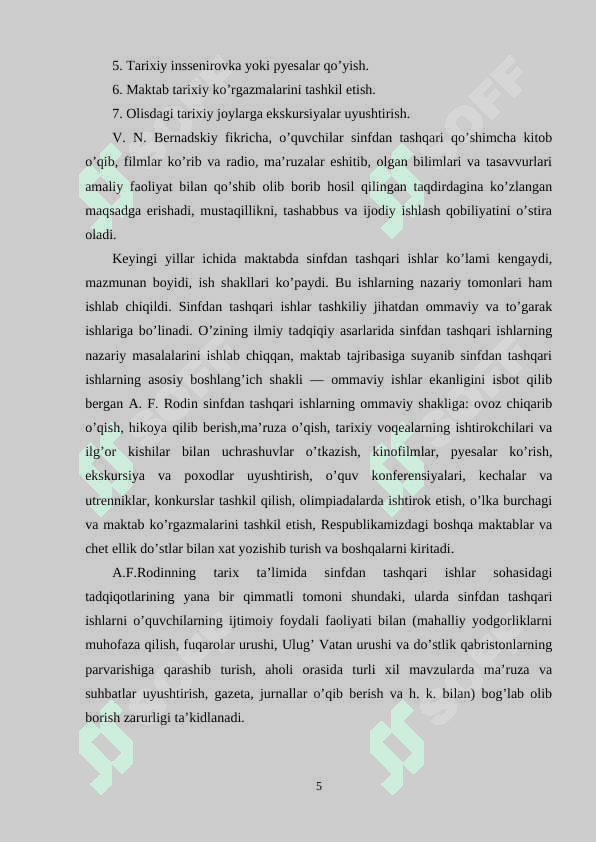 Tarix bo’yicha sinfdan tashqari olib boriladigan ishlar (stsenariy tuzish, to’garak rejasini tuzish) 5