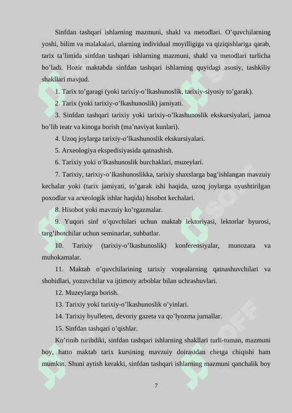 Tarix bo’yicha sinfdan tashqari olib boriladigan ishlar (stsenariy tuzish, to’garak rejasini tuzish) 7