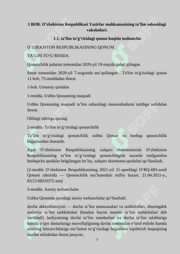 O’zbekiston Respublikasi  Vazirlar Mahkamasining ta’lim sohasidagi vakolatlari 7