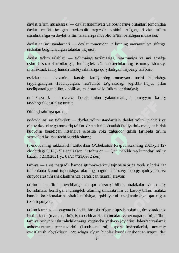 O’zbekiston Respublikasi  Vazirlar Mahkamasining ta’lim sohasidagi vakolatlari 8