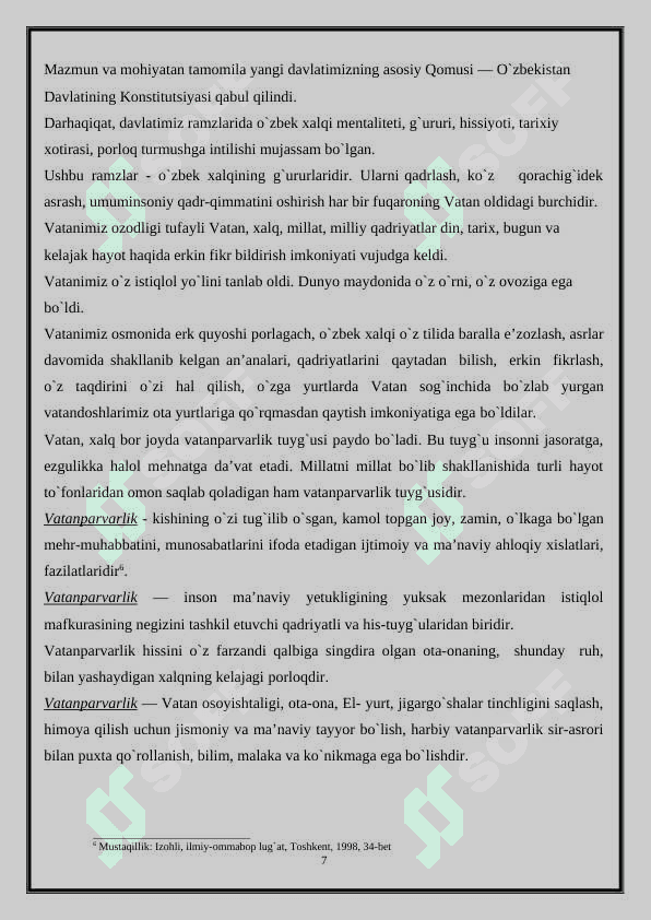 1-sinf “o’qish kitobi” darsligida keltirilgan o’tmishni o’rganish mavzusidagi asarlarning o’quvchilarda vatanparvarlik ruhi shakillanishidagi ahamiyati 7