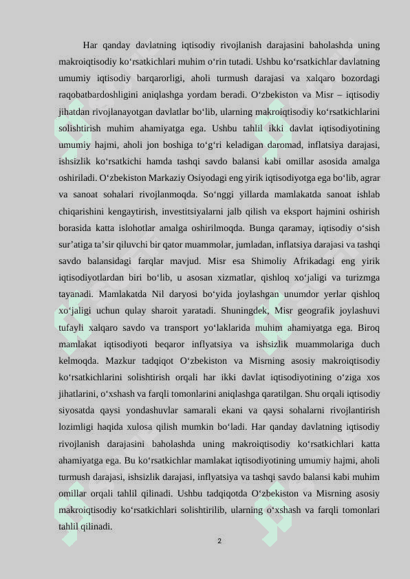 O'zbekiston va Misr makroiqtisodiy ko'rsatkichlarini solishtirish. 3