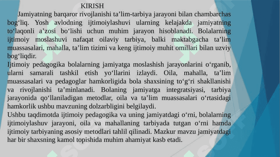 Ijtimoiy pedagogika fan sifatida.  Ijtimoiy pedagogika tushunchasi, tuzilishi va vazifalari. Ijtimoiylashuv tushunchasi, jarayoni, vositalari.  Ijtimoiylashtirishning omillari va mexanizmlari. Oila va uning asosiy funksiyalari. Oila bilan ijtimoiy pedagogik faoliyat olib borish. Tarbiya – ijtimoiy hodisa. Tarbiyachi shaxsida ijtimoiy munosabatlarni rivojlantirish metodlari. 3