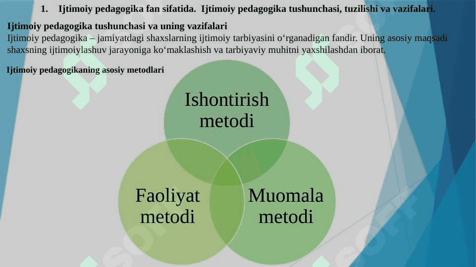 Ijtimoiy pedagogika fan sifatida.  Ijtimoiy pedagogika tushunchasi, tuzilishi va vazifalari. Ijtimoiylashuv tushunchasi, jarayoni, vositalari.  Ijtimoiylashtirishning omillari va mexanizmlari. Oila va uning asosiy funksiyalari. Oila bilan ijtimoiy pedagogik faoliyat olib borish. Tarbiya – ijtimoiy hodisa. Tarbiyachi shaxsida ijtimoiy munosabatlarni rivojlantirish metodlari. 4