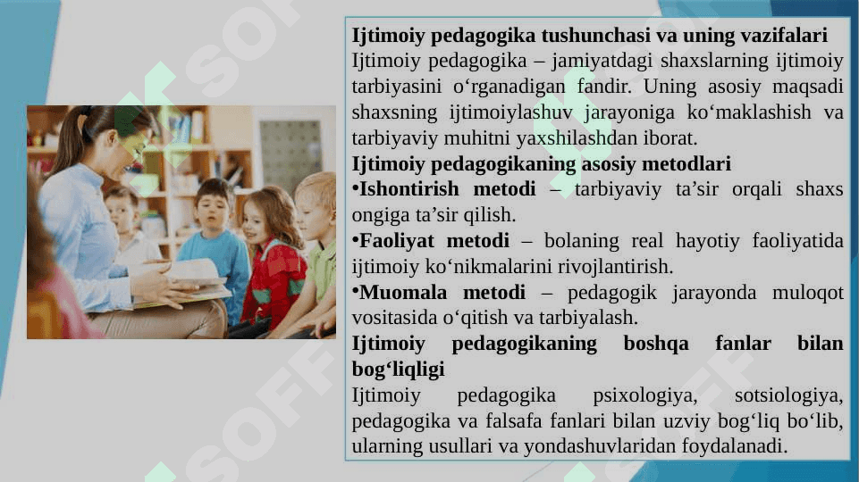 Ijtimoiy pedagogika fan sifatida.  Ijtimoiy pedagogika tushunchasi, tuzilishi va vazifalari. Ijtimoiylashuv tushunchasi, jarayoni, vositalari.  Ijtimoiylashtirishning omillari va mexanizmlari. Oila va uning asosiy funksiyalari. Oila bilan ijtimoiy pedagogik faoliyat olib borish. Tarbiya – ijtimoiy hodisa. Tarbiyachi shaxsida ijtimoiy munosabatlarni rivojlantirish metodlari. 5