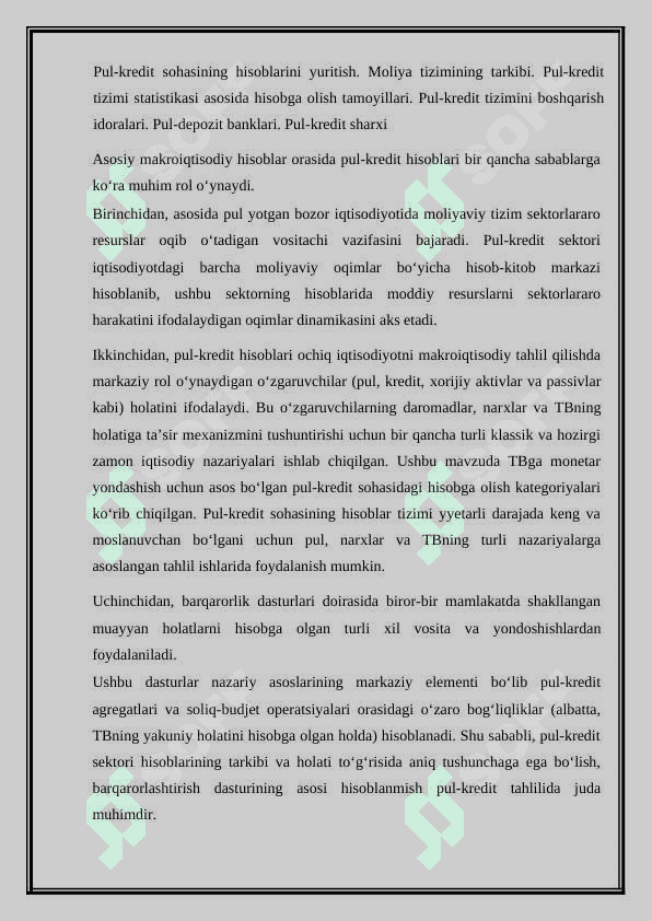 Pul kredit sektorining tahlili.Pul vositalarining oqimi.Tahliliy hisobot. 2