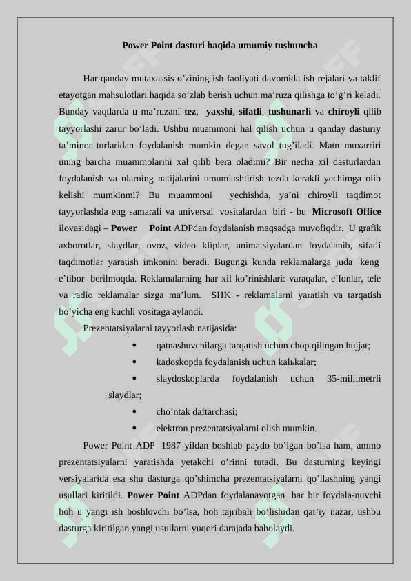 Taqdimotlarni tayyorlash texnologiyalari 2