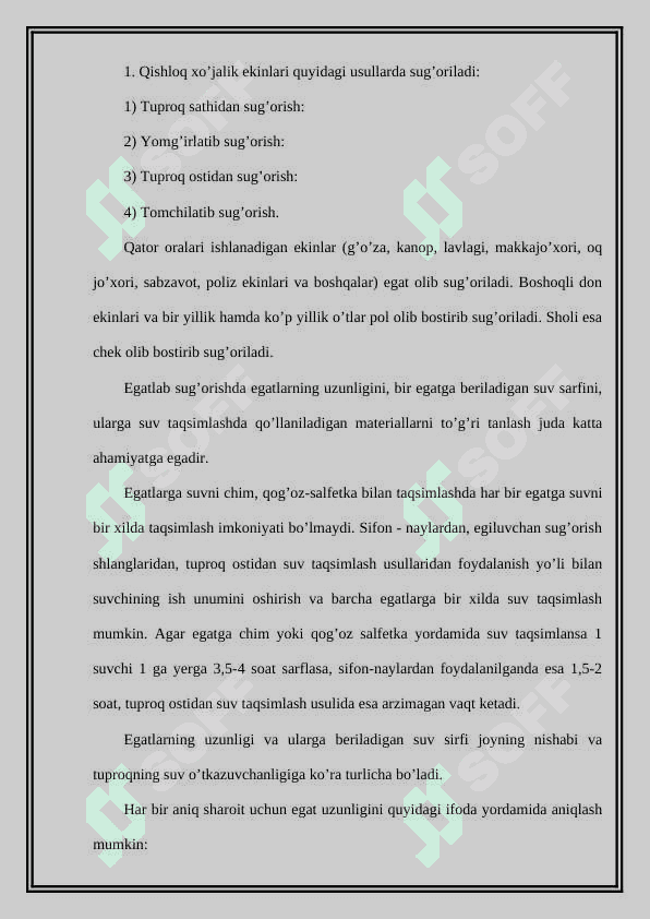 Qishloq xo’jalik ekinlarini sug’orish usullari va texnikasi 2