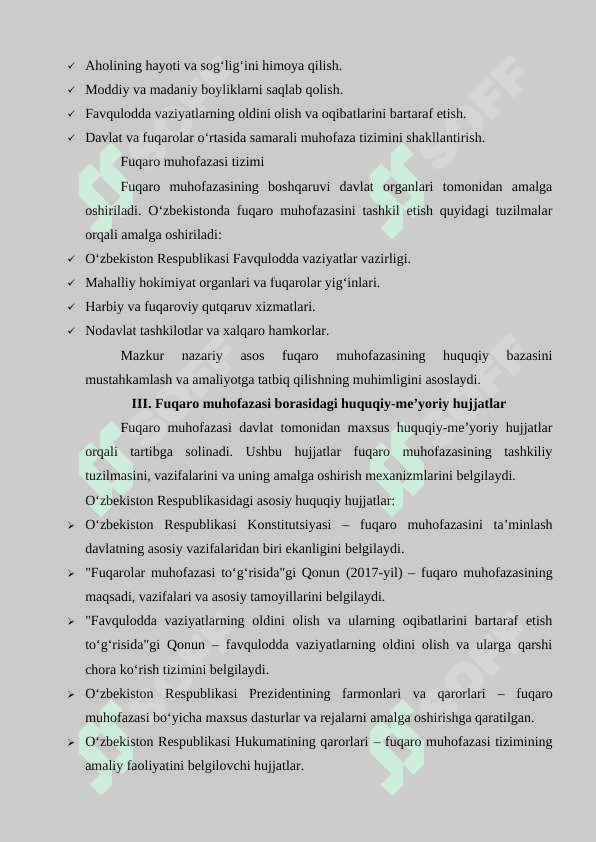 Fuqaro muhofazasining xuquqiy asoslari (Fuqaro muhofazasi borasida qabul qilingan huquqiy-meyoriy xujjatlarning mohiyati)Fuqaro muhofazasining xuquqiy asoslari (Fuqaro muhofazasi borasida qabul qilingan huquqiy-meyoriy xujjatlarning mohiyati) 4