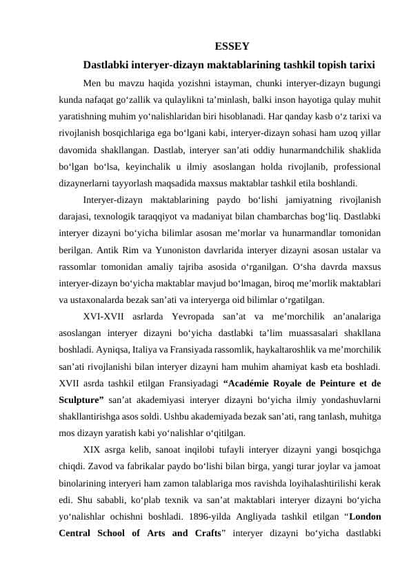 Dastlabki interyer-dizayn maktablarining tashkil topish tarixi