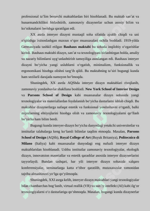 Dastlabki interyer-dizayn maktablarining tashkil topish tarixi 2