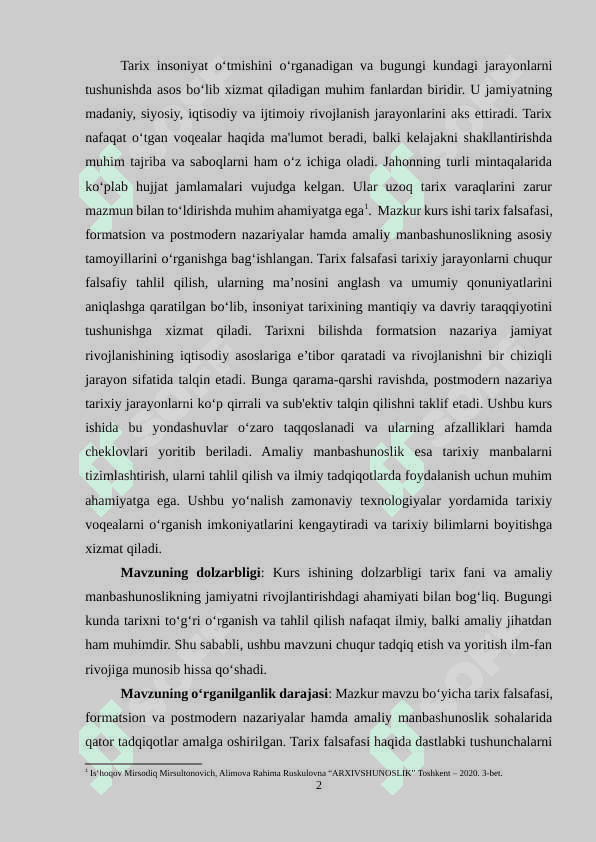 Tarixiy nazariya va amaliy manbashunoslik kurs ishi 2