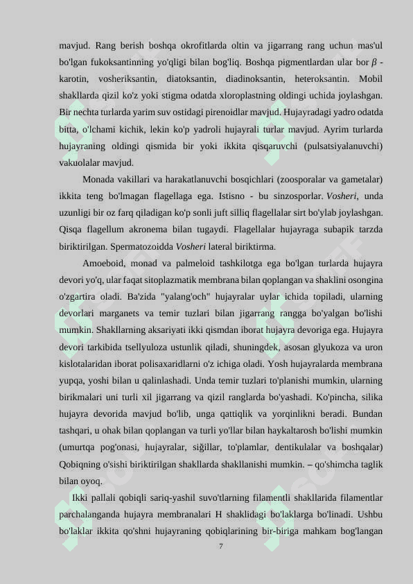 SARIQ-YASHIL SUVOTLARNING UMUMIY TASNIFI KURS ISHI 7