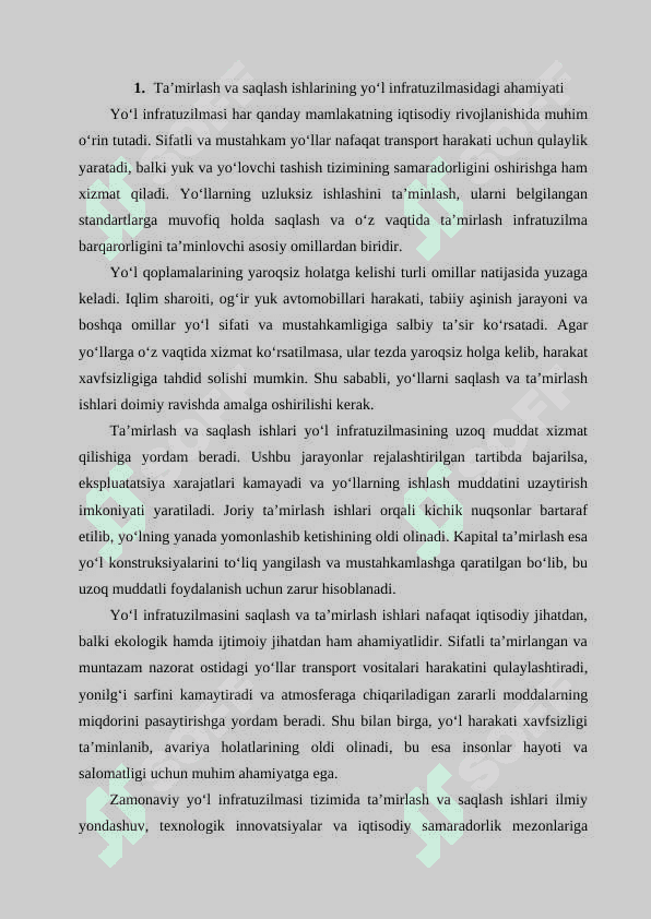 Ta’mirlash va saqlash bo‘yicha ishlarni samaradorligini asoslash mezonlari 2