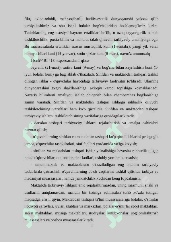 MAKTABDA MA’NAVIY-MA’RIFIY ISHLARNI REJALASHTIRISH 8
