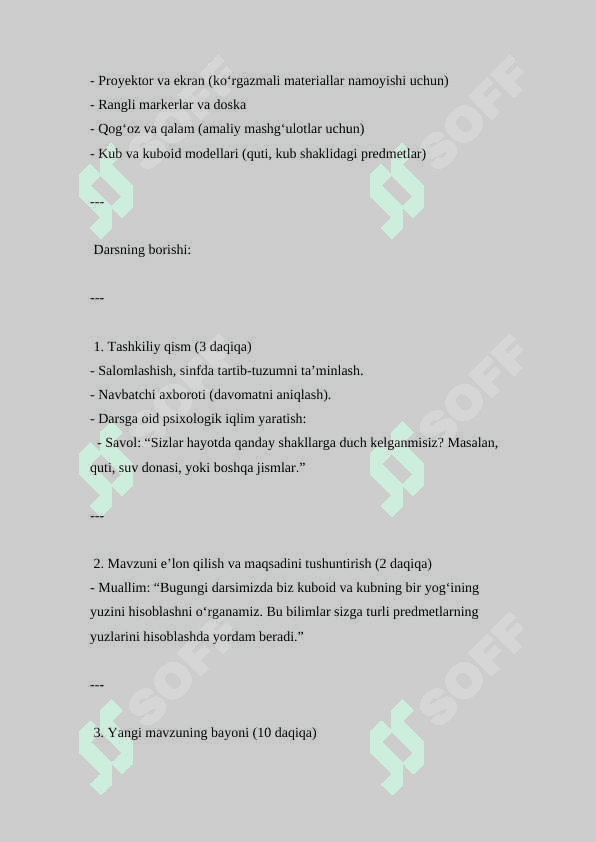 Kuboid va kubning bir yogʻi yuzini topish ( Dars ishlanmasi ) 2