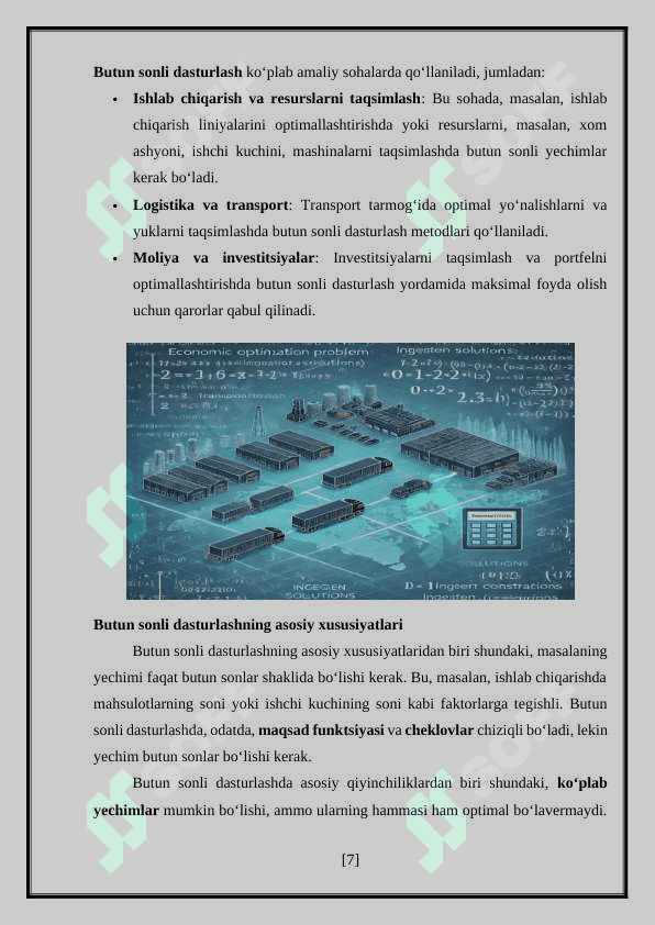 “Iqtisodiy masalalarning butun sonli yechimini topish” 7