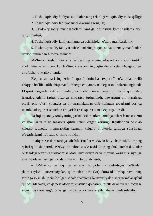 Davlat tomonidan tashqi iqtisodiy faoliyatini tartibga solish (kurs ishi) 5