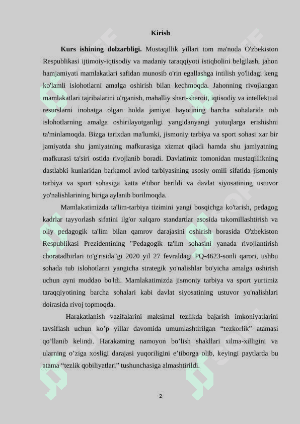 MAVZU:  GANDBOLDA TEZKORLIK QOBILYATLARINI RIVOJLANTIRISH METODIKASINI TAVSIFI 2