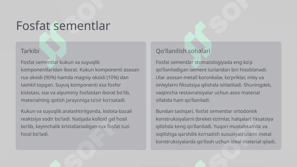 Sement asosli plomba ashyolar. Tarkibi, xususiyatlari. 4