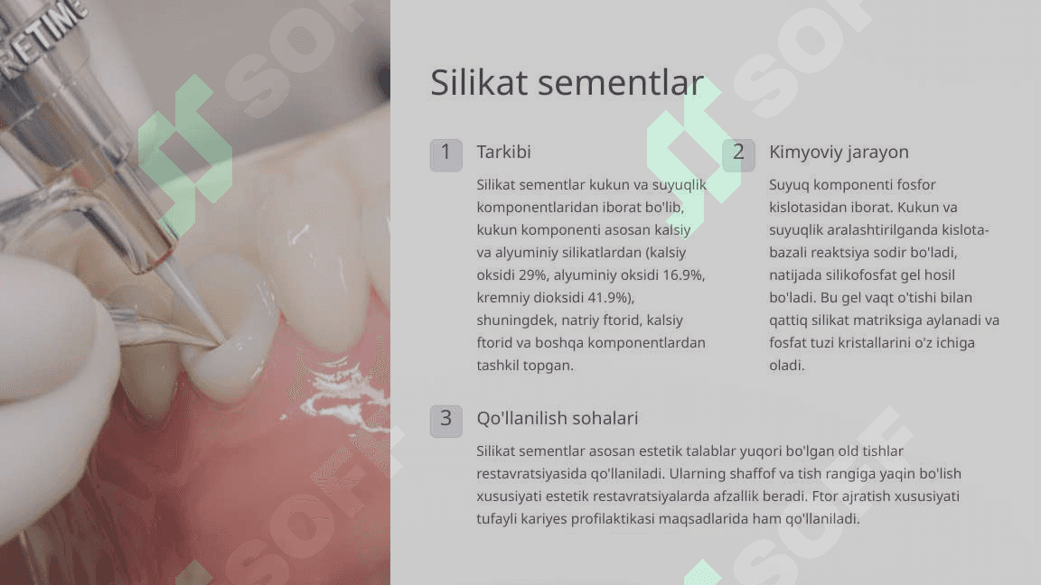 Sement asosli plomba ashyolar. Tarkibi, xususiyatlari. 6