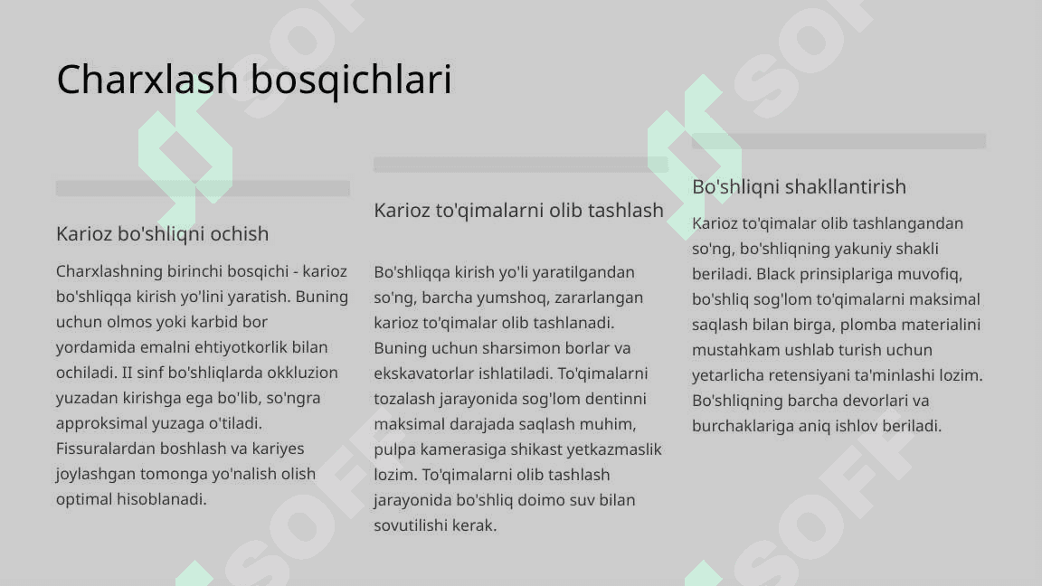 Fantomlarda II sinf karioz bo‘shliqlarini charxlash va plombalash. 6