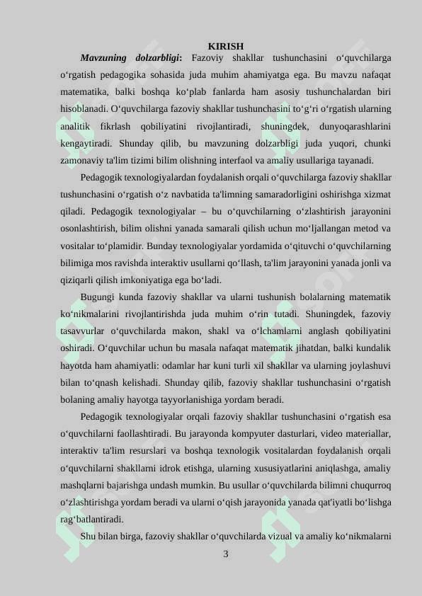Boshlangʻich sinf oʻquvchimariga fazoviy shakllar tushunchasini oʻrgatishda pedagogik texnologiyalardan foydalanib oʻqitish 3