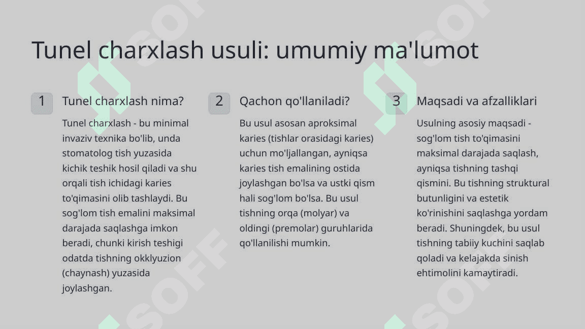 Tish qattiq to‘qimasini charxlashning minimal invaziv usullari. Tunel charxlash usuli. 8