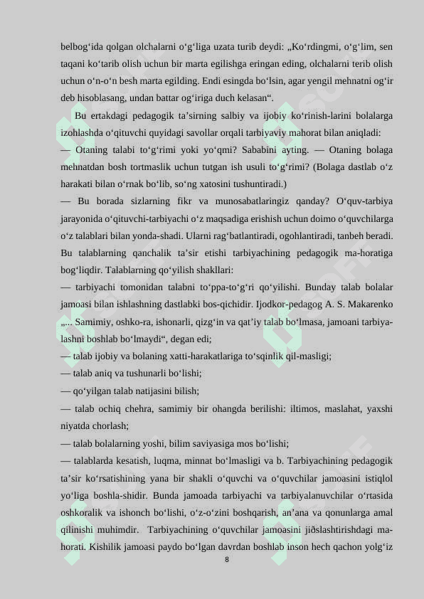 TARBIYA DARSLARINI TASHKIL ETISHDA PEDAGOGIK TEXNOLOGIYALARDAN FOYDALANISH 8