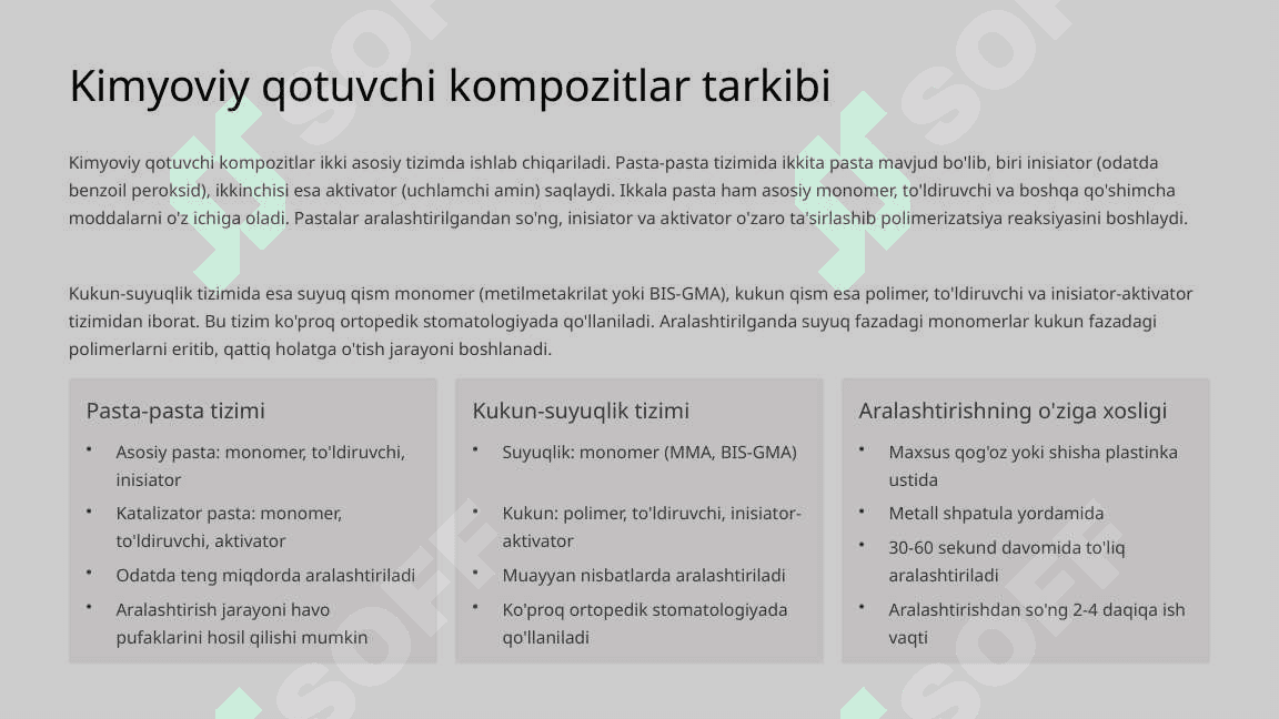 Kimyoviy va nur bilan qotuvchi kompozitlarning polimerizatsiya bosqichining o‘ziga xos tomonlari. 4