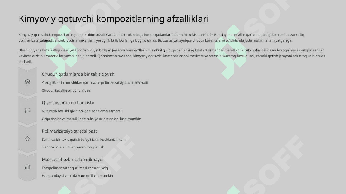 Kimyoviy va nur bilan qotuvchi kompozitlarning polimerizatsiya bosqichining o‘ziga xos tomonlari. 7