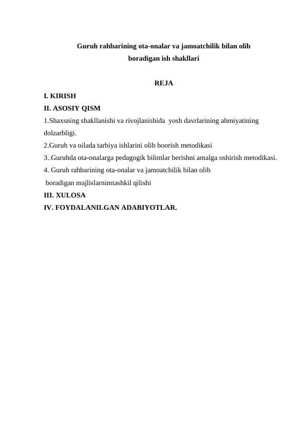 Guruh rahbarining ota-onalar va jamoatchilik bilan olib boradigan ish shakllari mavzusida kurs ishi