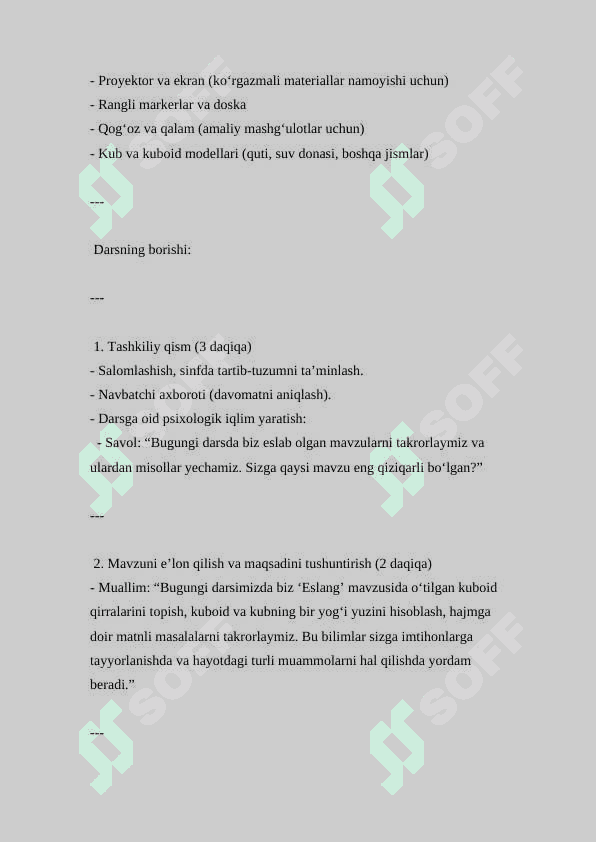 Eslang. Kuboid qirralarini topish. Kuboid va kubning bir yogʻi yuzini topish. Hajmga doir matnli masalalar ( Dars ishlanmasi ) 2
