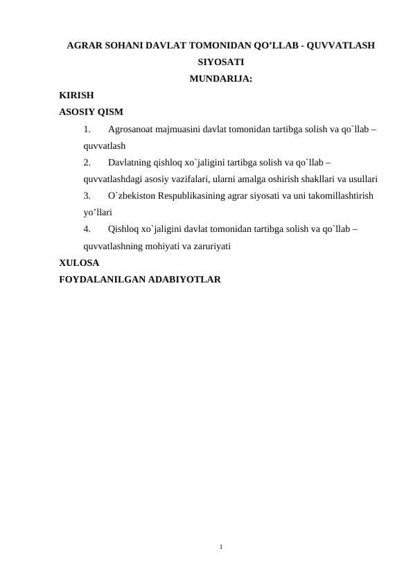 AGRAR SOHANI DAVLAT TOMONIDAN QO’LLAB - QUVVATLASH SIYOSATI