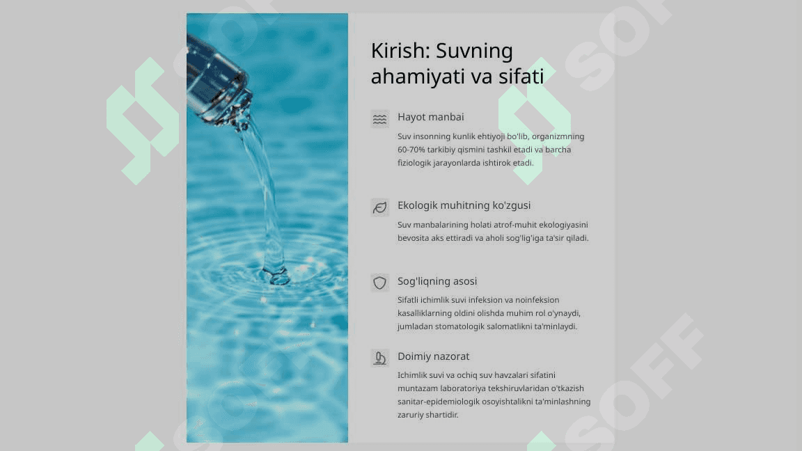 Ichimlik suvidan hamda ochiq suv manbalaridan laboratoriyalarda tekshirish uchun sinama olish. Suvning kimyoviy tarkibi bilan bog’liq bo’lgan stomatologik kasalliklar. 2