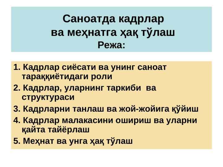 Саноатда кадрлар ва меҳнатга ҳақ тўлаш pptx