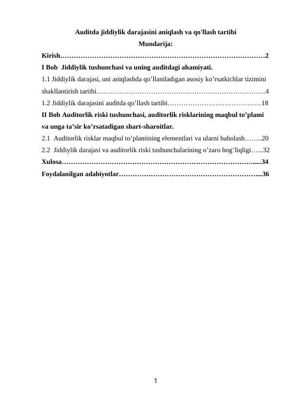 Auditda jiddiylik darajasini aniqlash va qo'llash tartibi
