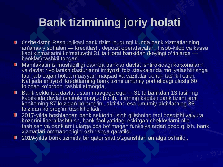 Banklarda davlat ulushini kamaytirish va banklararo raqobatni rivojlantirish masalalari 7