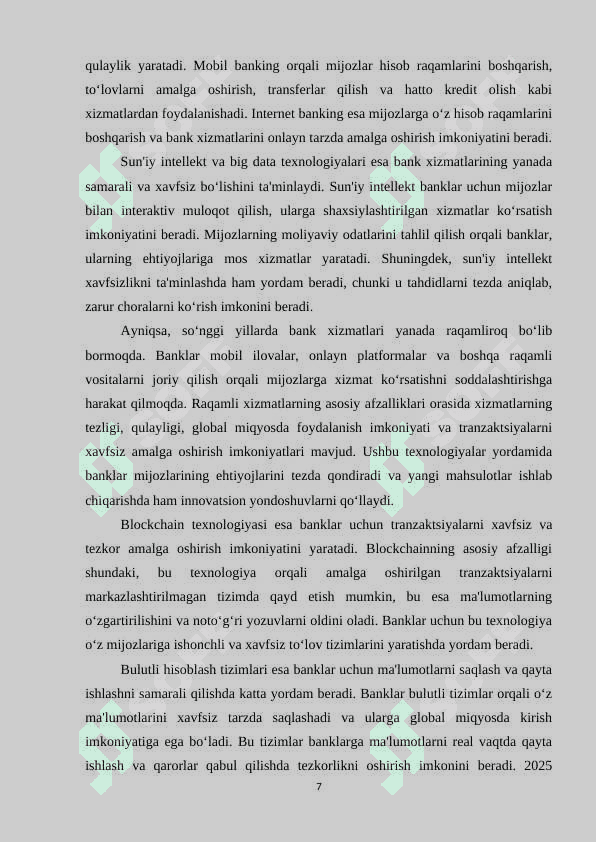 BANK XIZMATLARI SOHASIDA RAQAMLI TEXNOLOGIYALARNING OʻRNI VA RIVOJLANISH YOʻNALISHLARI 7