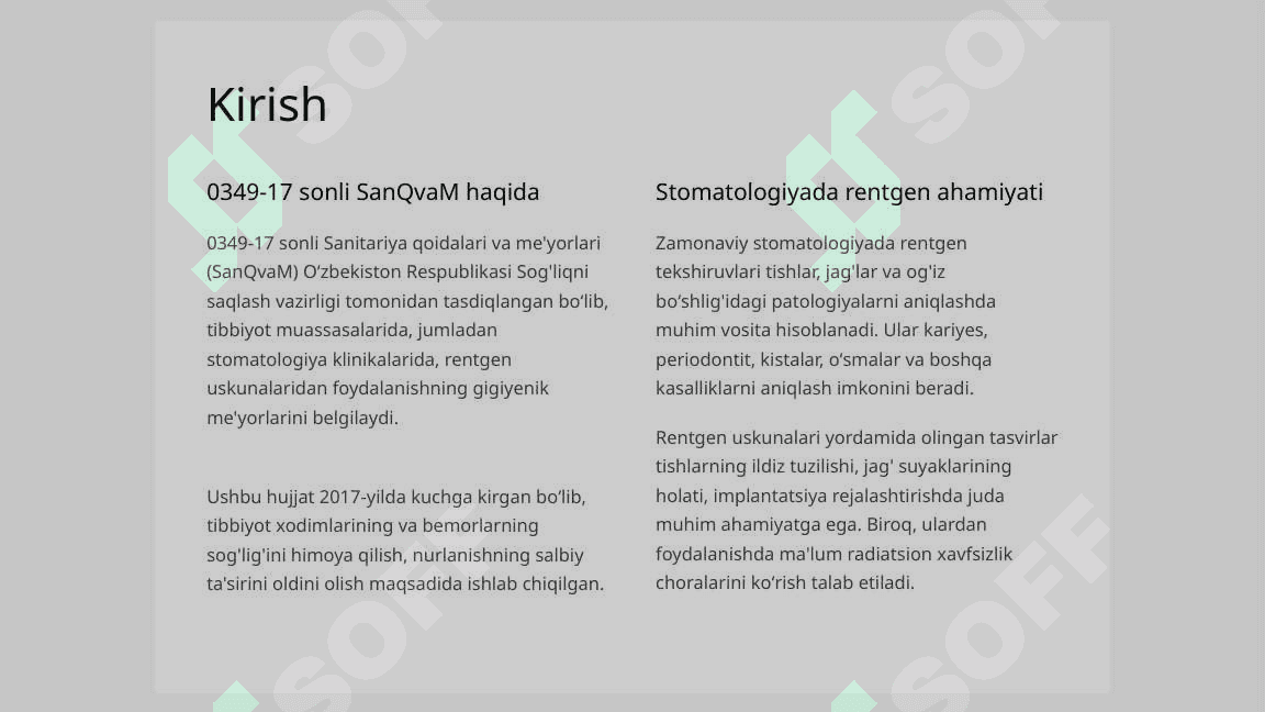 0349-17 sonli SanQvaM asosida stomatologiya muassasalarida rentgen uskunalarini joylashtirish, SHIK oldini olish tadbirlariga qo’yiladigan gigiyenik talablar. 2