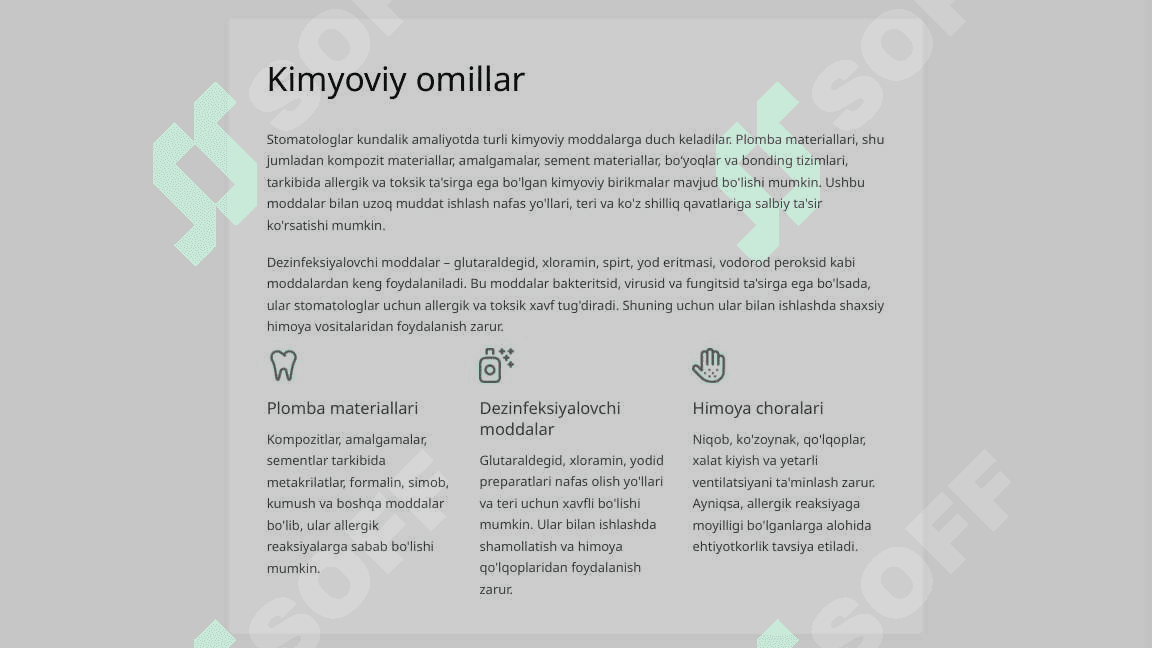 Vrach stomatolog mehnat  faoliyatini baholovchi gigiyenik omillar hamda  kasb kasalliklarini oldini olish choralari. 5