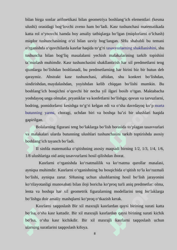 Butunning ulushini va ulushiga ko'ra butunni topishga doir masalalarni yechishni o'rgatish metodikasi 8