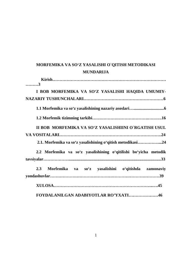 KURS ISHI. Morfemika va so`z yasalishi o`qitish metodikasi