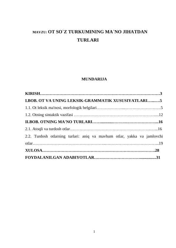 KURS ISHI. ot so`z turkumining turlari 1