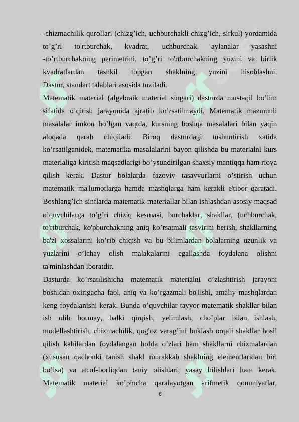GEOMETRIK MATERIALNI O'RGATISH JARAYONIDA BOSHLANG'ICH SINF O'QUVCHILARIDA MILLIY VA UMUMMADANIY KOMPETENSIYANI SHAKILLANTIRISH 8