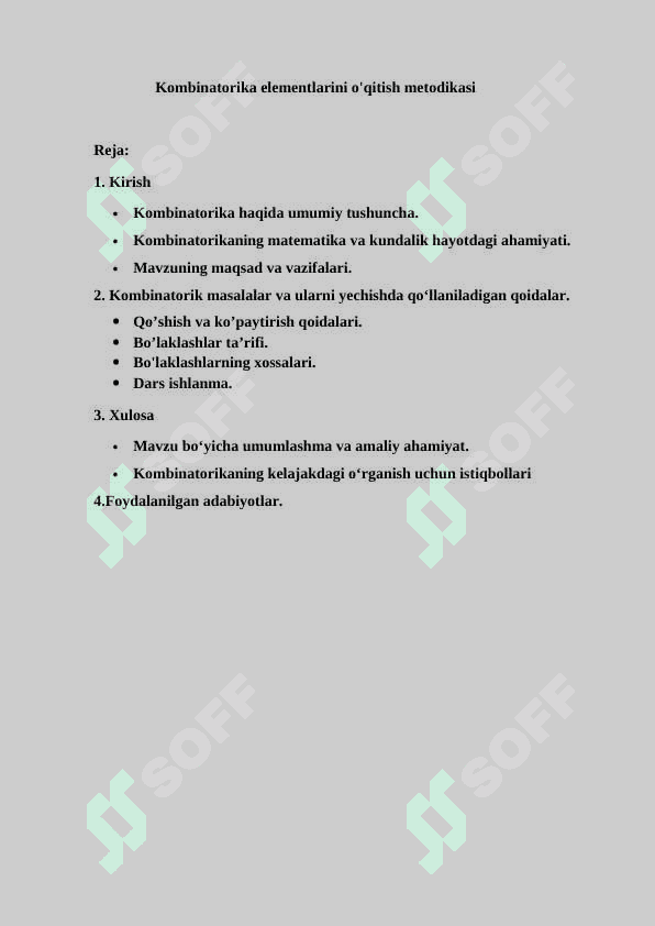 Kombinatorika elementlarini o'qitish metodikasi 2