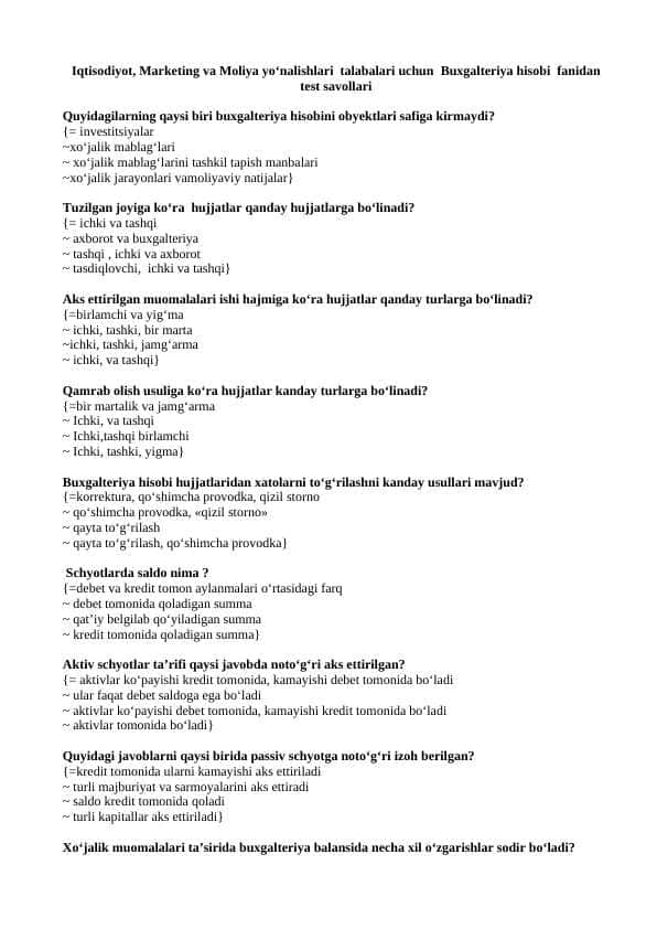 BUXGALTERIYA HISOBI  FANIDAN TEST SAVOLLARI