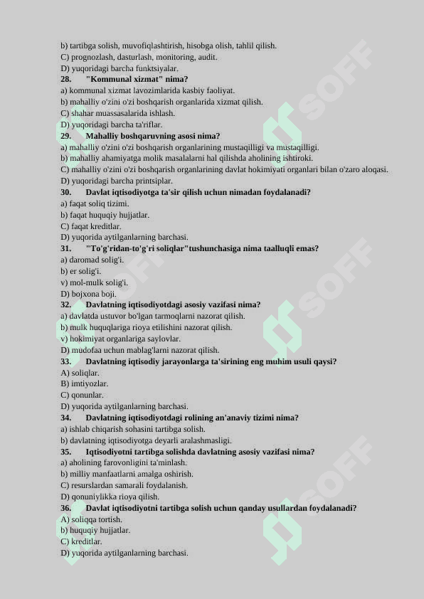 Davlat boshqaruviga oid test savollari 4